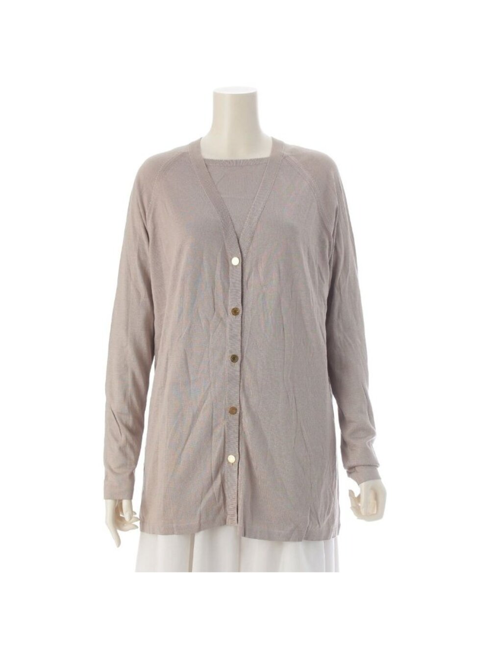 Hermes Silk Long Sleeve Sellier Buttons Knit Ensemble Beige